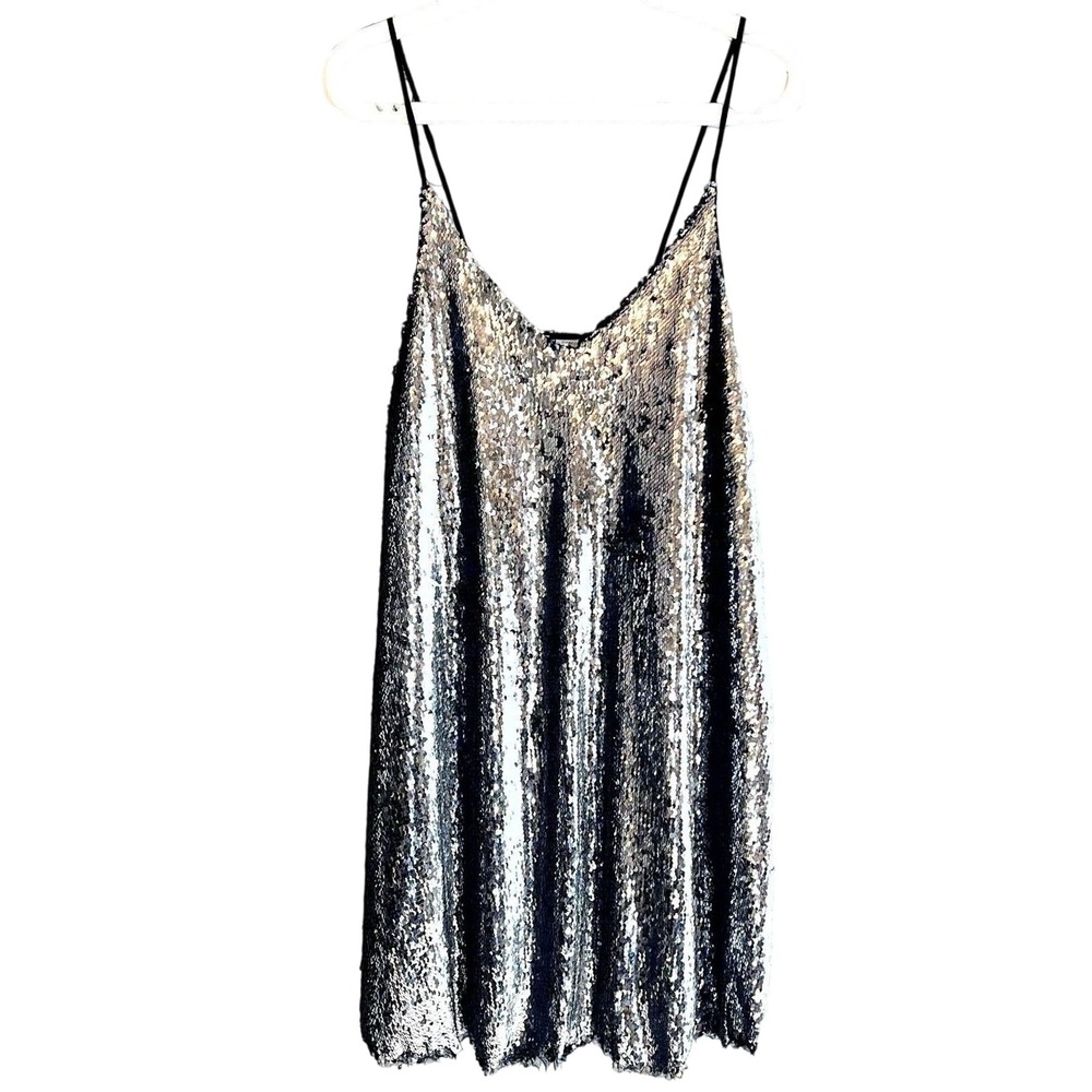 Zara Women's Silver Allover Sequin Slip Mini Dress Spaghetti Strap Party Size XS